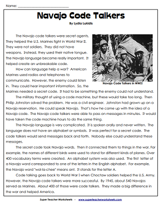 Native American Worksheets - Navajo Code Talkers