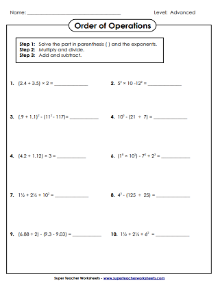 Advanced Order of Operations Worksheets
