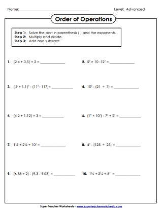 Order of Operations Worksheets (w/ Parenthesis & Exponents)