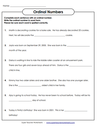 Ordinal Number Worksheets