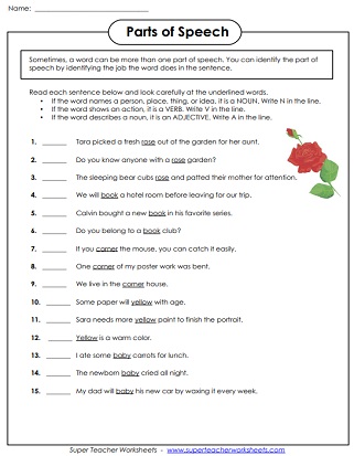 worksheet for class 7 part of speech