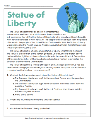 Patriotic Symbols Worksheets - Statue of Liberty