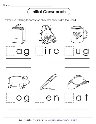 Phonics Beginning Consonant Words Hog, Fire, Bag, Fill in the Missing Letters Worksheet