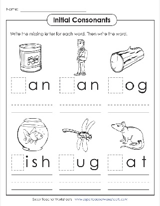 Phonics Beginning Consonant Words Log, Fish, Bug, Fill in the Missing Letters Worksheet