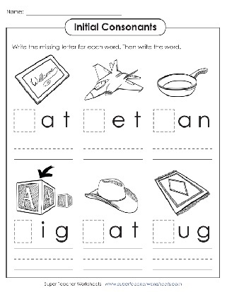 Phonics Beginning Consonant Words Rug, Big, Hat, Fill in the Missing Letters Worksheet