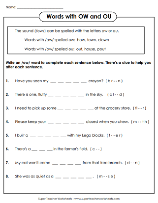 Phonics Diphthongs - ow and ou