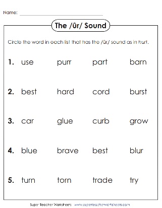 R controlled UR Phonics Worksheets