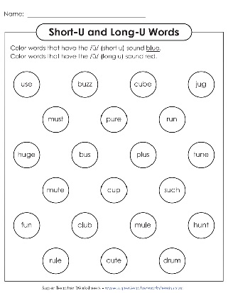 Phonics Vowel Sounds Worksheets - Short U Long U