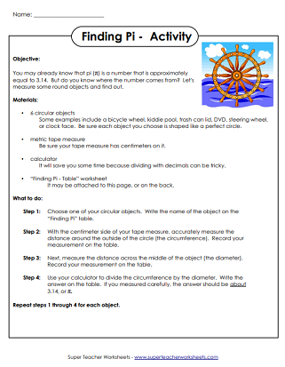 Pi Activity Worksheets Pi Activity Worksheets
