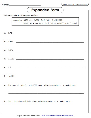 Decimals in Expanded Form Worksheet