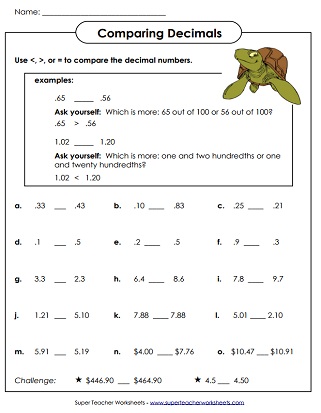 Comparing Decimals (Printable Worksheets)