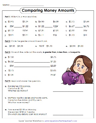 Comparing Money Values Worksheets