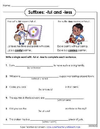 Suffixes words ending in -ful and -less worksheet