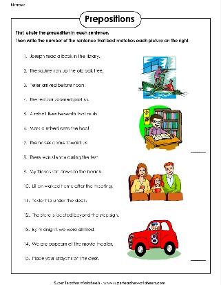 Circle the preposition in each sentence 3rd-5th grade worksheet