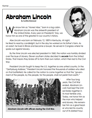 USA Presidents Worksheets - Abraham Lincoln