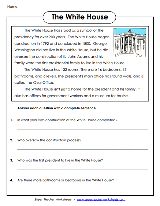 White House Reading Comprehension Worksheet