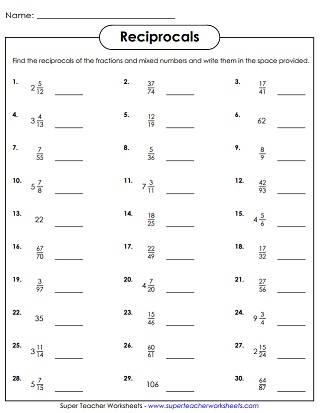 Reciprocal Fractions Worksheets