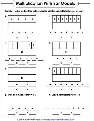 Multiplication with Bar Models Worksheets