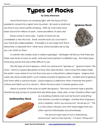 Types of Rocks Article - Reading Comprehension
