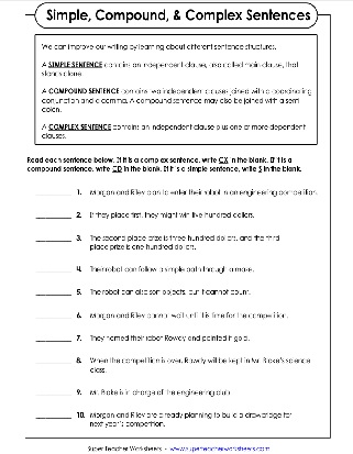 Simple Compound and Complex Sentences Worksheet