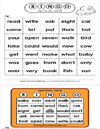 Sight Words List Ask, Read, Eight, Write with the noun Car Bingo Activity Worksheet