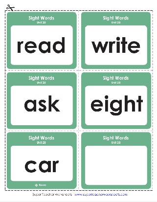 Sight Words List Ask, Read, Eight, Write with the noun Car Printable Flashcards Worksheet