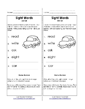 Sight Words List Ask, Read, Eight, Write with the noun Car Worksheet