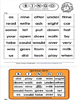 Sight Words List After, As, Nine, Under with the noun Time Bingo Activity Worksheet