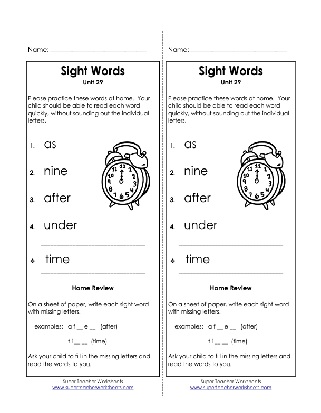 Sight Words List After, As, Nine, Under with the noun Time Worksheet