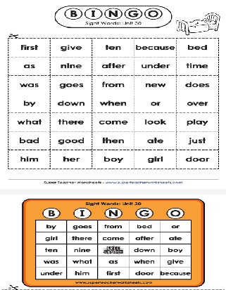 Sight Words List Ten, First, Give, Because with the Noun Bed Bingo Activity Worksheet