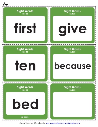 Sight Words List Ten, First, Give, Because with the Noun Bed Printable Flashcards Worksheet