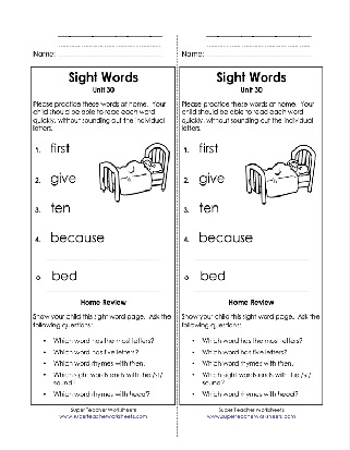 Sight Words List Ten, First, Give, Because with the Noun Bed Worksheet