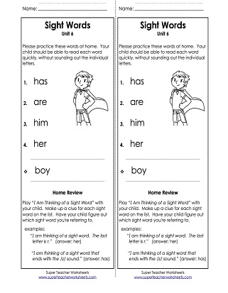 Sight Words Has, Him, Her, Are, with the Noun Boy Word List Worksheet