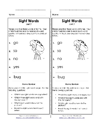 Sight Words List Yes, So, Go, No with the noun Bug Worksheet
