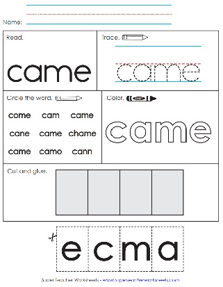 Worksheet for Sight Word - Came