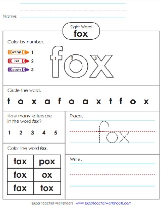 Fox Sight Word Worksheet - Color, Trace, Circle Fox Sight Word Worksheet - Color, Trace, Circle