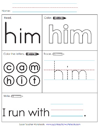 Snap Word Coloring & Writing Worksheet - Him