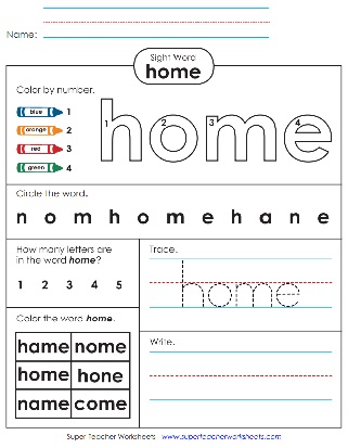 Printable Sight Word Worksheet: Home Printable Sight Word Worksheet: Home