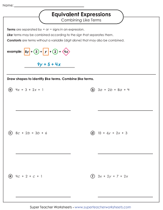 Equivalent Algebraic Expressions Worksheets