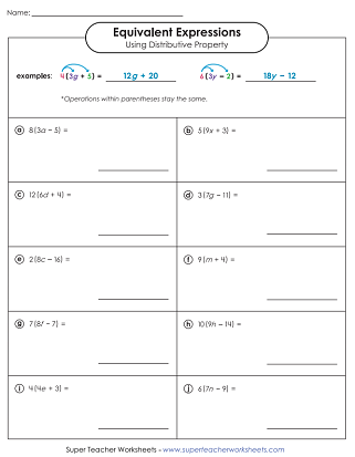Equivalent Algebraic Expressions (Worksheets)