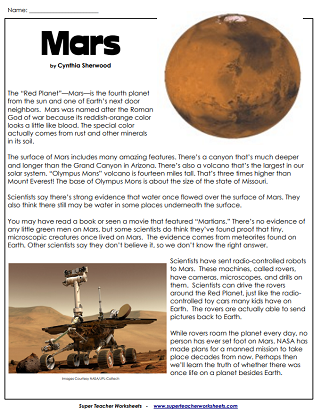 Solar System Reading Comprehension - Mars Article
