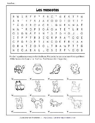 Hoja de trabajo del juego de búsqueda de palabras de mascotas en español