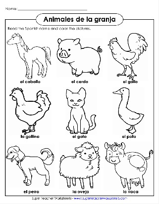 Hoja de trabajo para colorear y leer imágenes de animales de granja en español