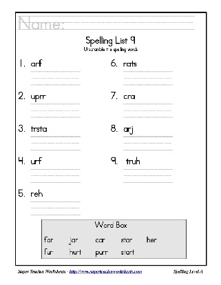 First Grade Spelling List Word Scramble with -ar, -er, and -ur Words Worksheet