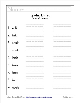 First Grade Spelling List Words with Silent Letters Worksheet