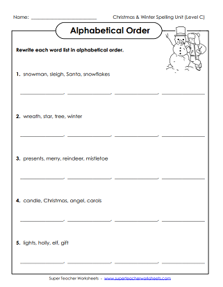 Christmas Spelling Worksheets - ABC Order