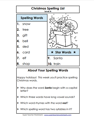 Christmas Spelling Worksheets - List