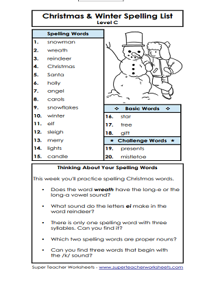 Christmas Spelling Worksheets - List