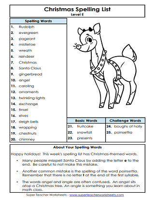 Christmas Spelling Worksheets - List