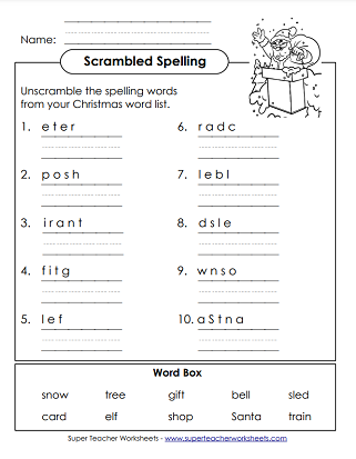 Christmas Spelling Worksheets - Word Scramble Puzzle